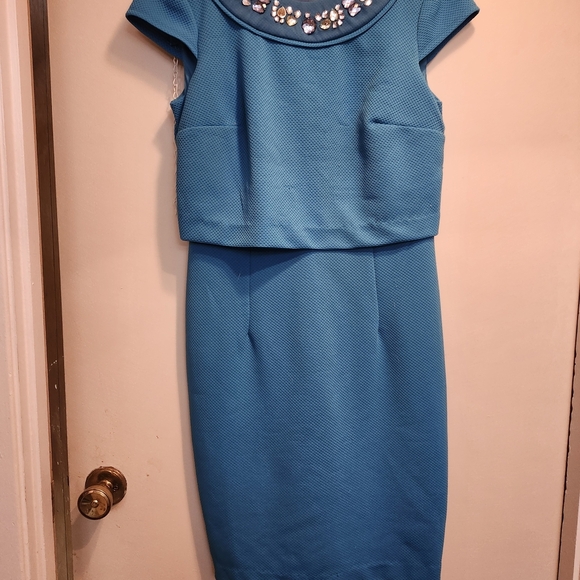 madison leigh Dresses & Skirts - Madison Leigh Blue Midi Dress with Embellished Neckline